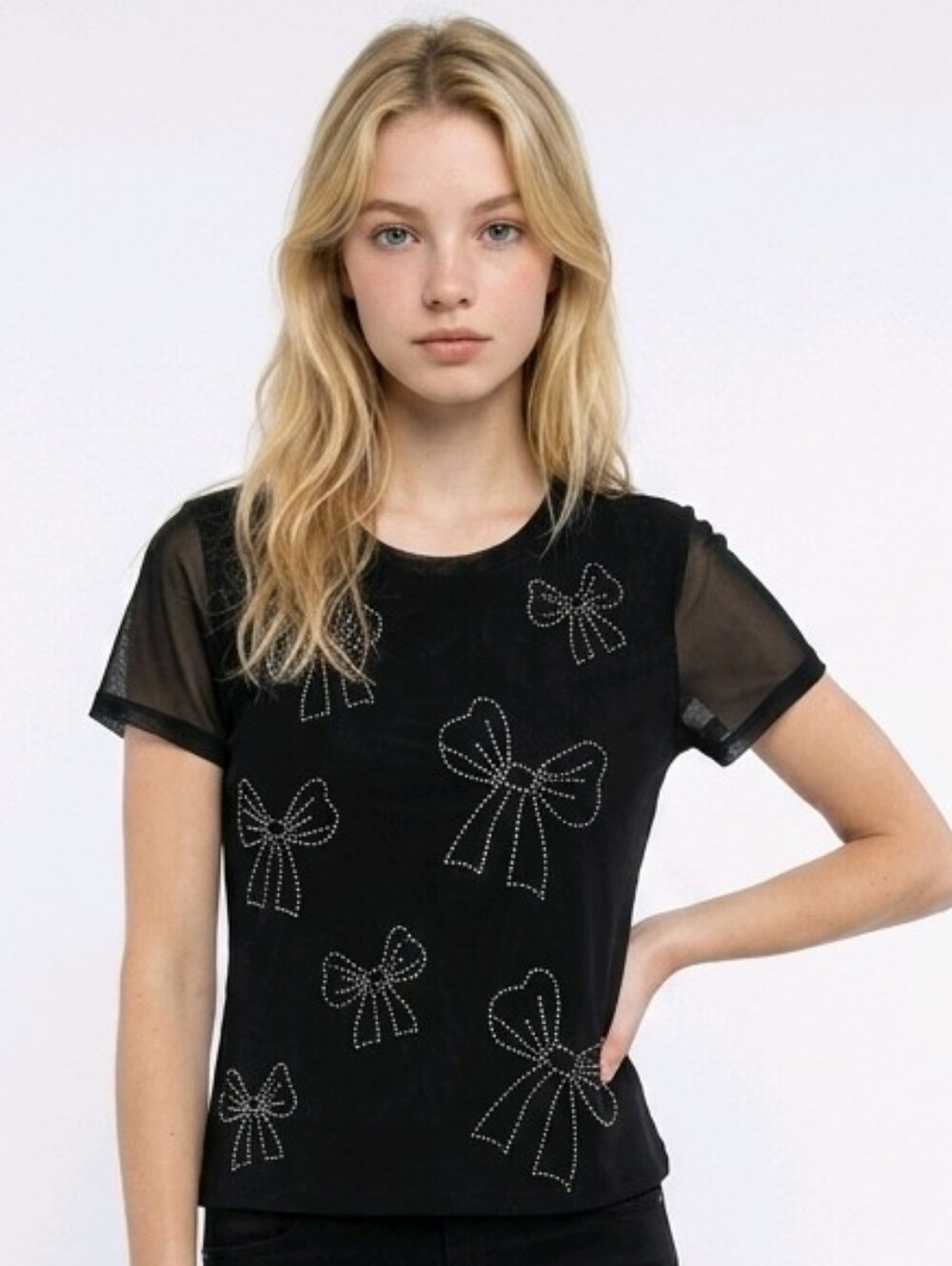 🤑Madden Girl Black Tee with Sparkle Bows Large 19" Long